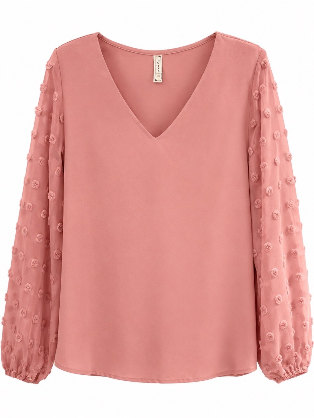 Dusty Rose V-Neck Blouse with Textured Puff Sleeves, size Large